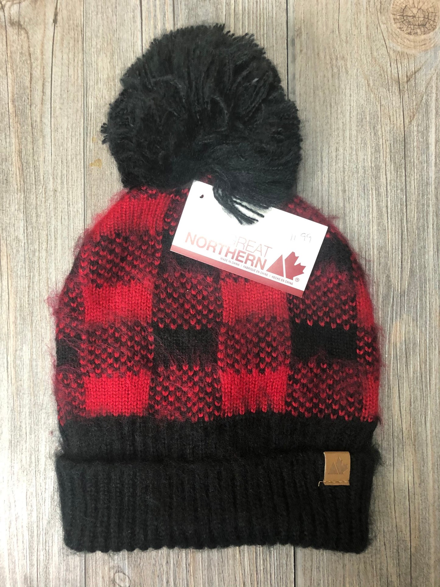 Red/Blk Buffalo Plaid Pom Hat, 4-10Y