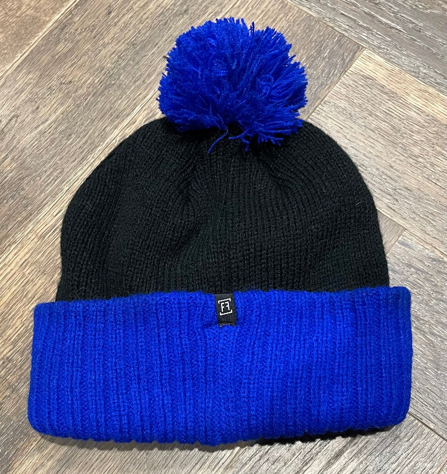 Blue/blk Knit Pom Pom Hat, 7-8Y