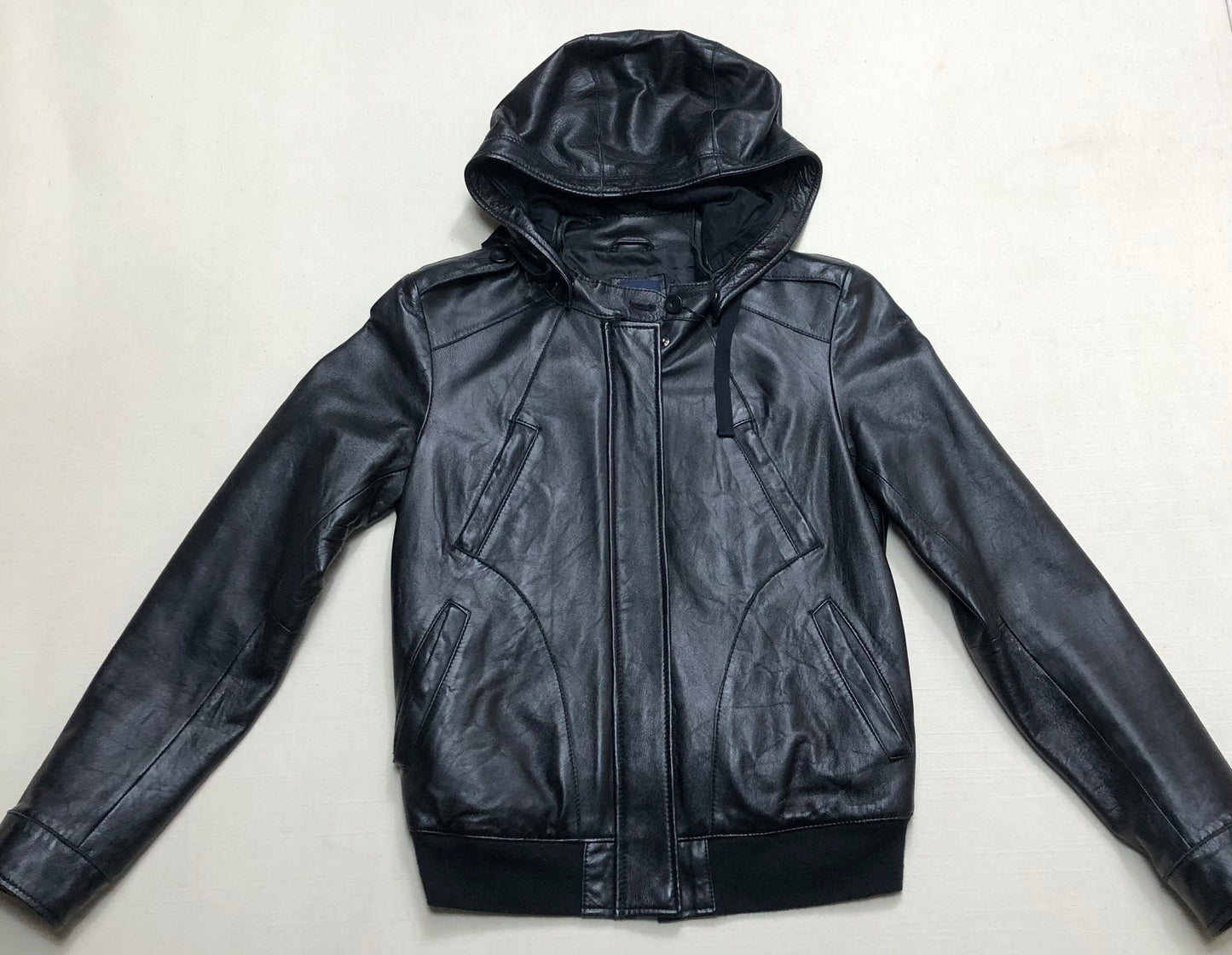 Black Gap Leather Jacket /hood, 12Y