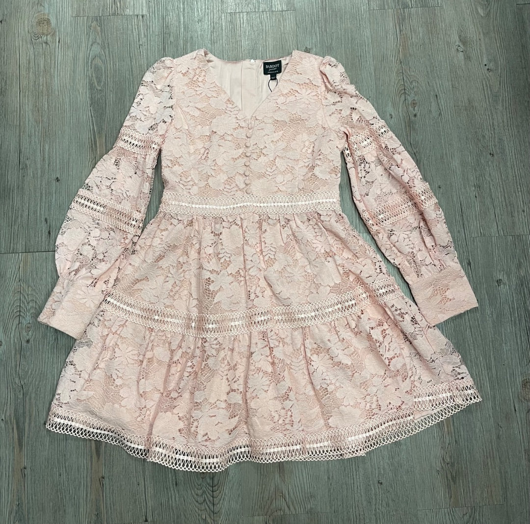 Pink Bardot Long Sleeve Lace Dress, 14Y