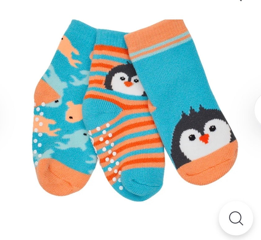 Teal/Orange Zoocchini Grip Socks - 3 Pack - Penguin, 0-24M