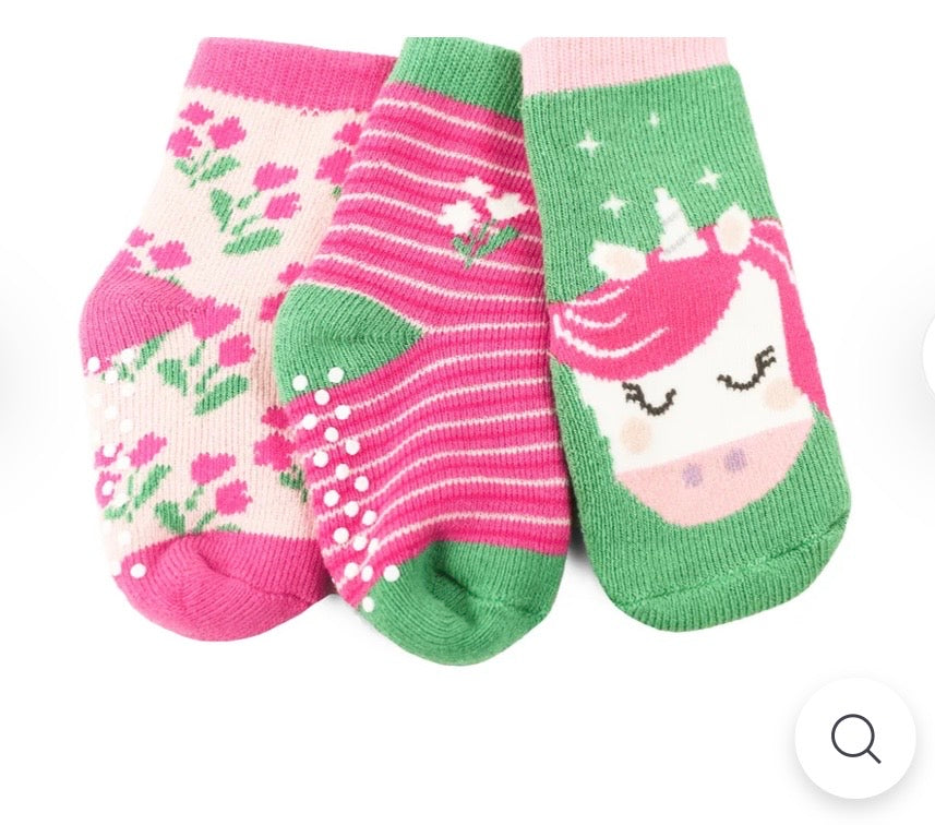 Pink/Green Zoocchini Grip Socks - 3 Pack - Unicorn, 0-24M