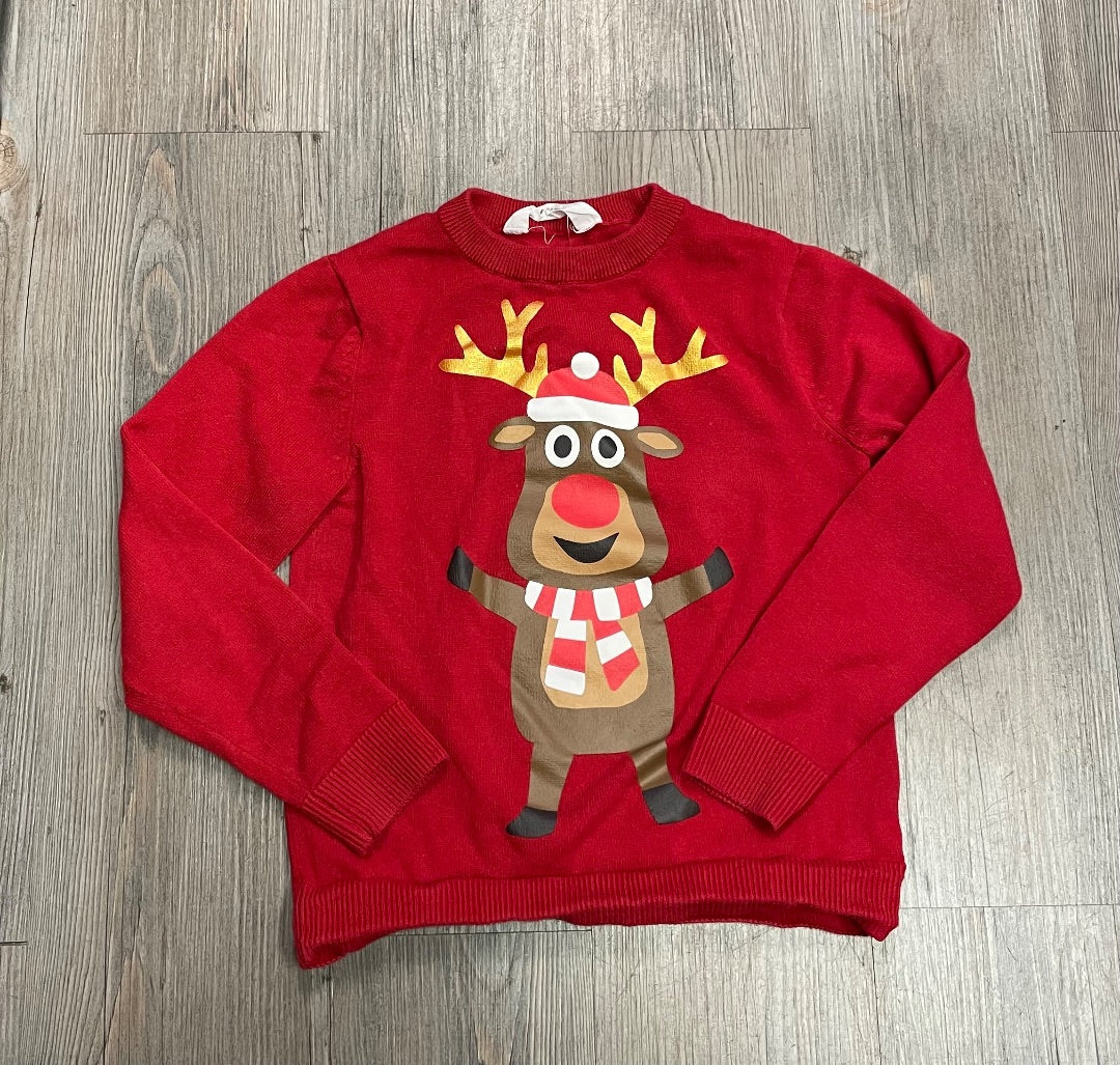 Red H&M Long Sleeve Knit Sweater Reindeer, 6-8Y