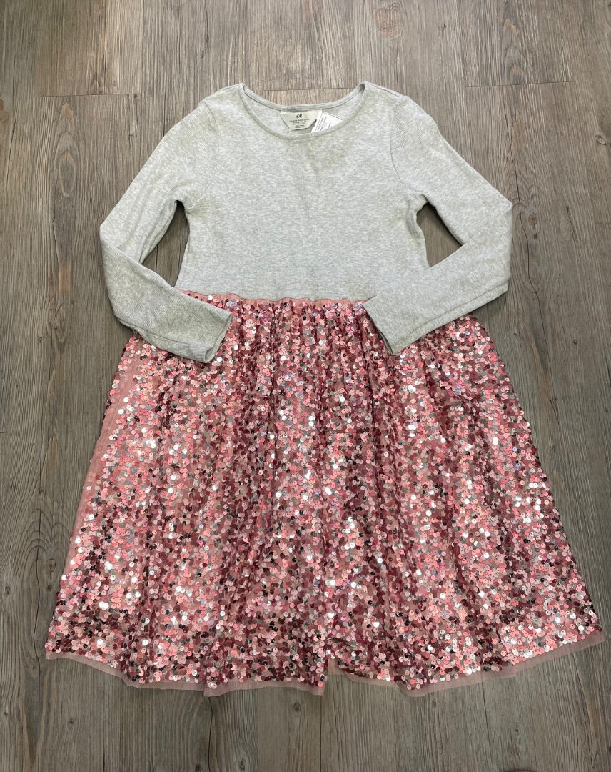Grey Rosegold H&M Long Sleeve Sequins Dress, 8-10Y