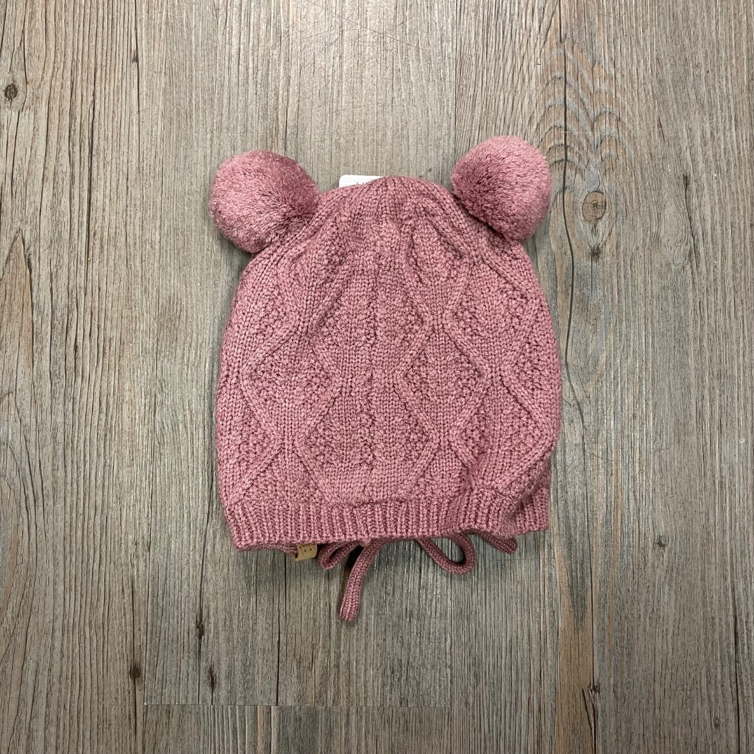 Nostalgic Pink CaliKids Fur Lined Knit Double Pom Hat with Tie, 9-18M