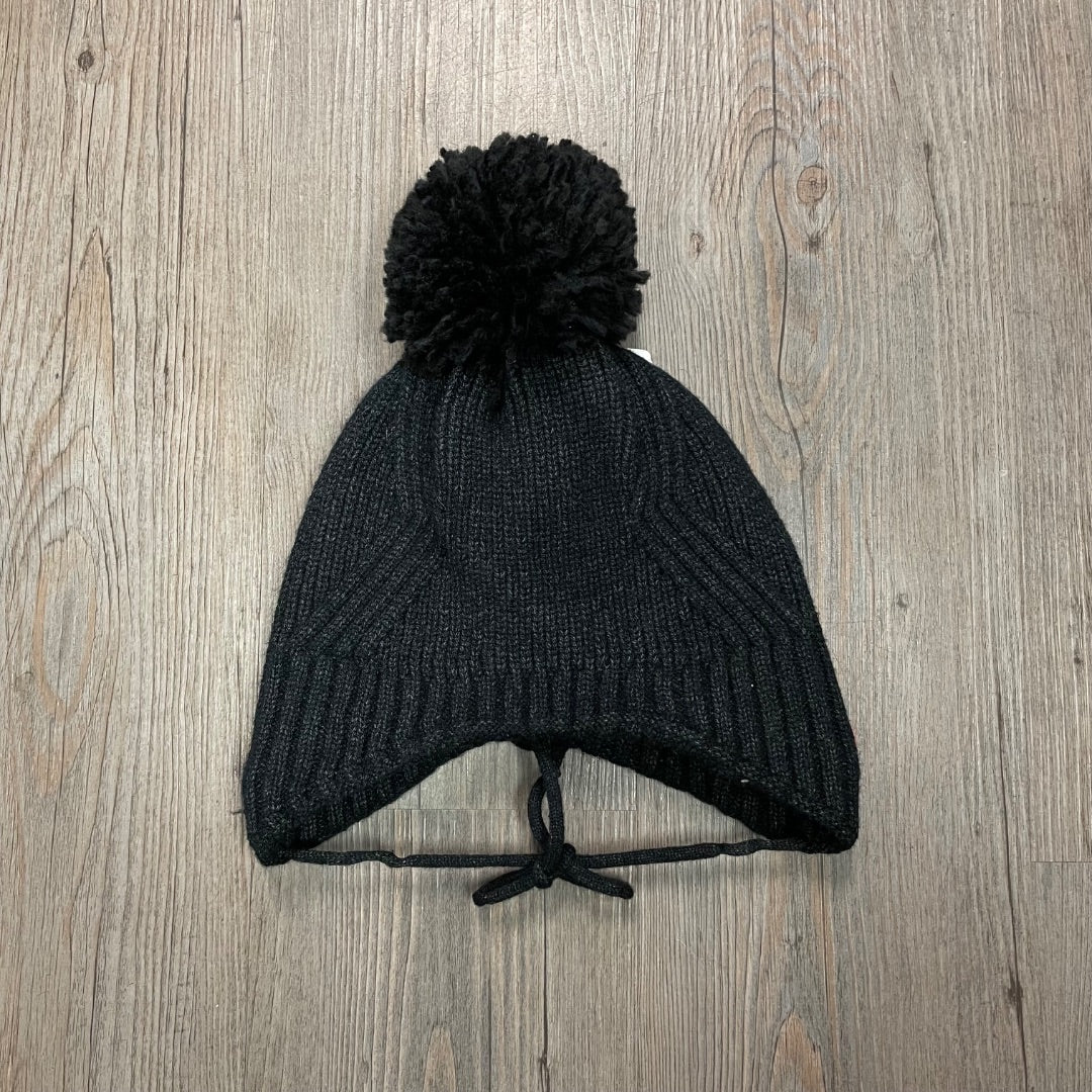 Black CaliKids Lined Knit Pom Hat with Tie, 2-5Y