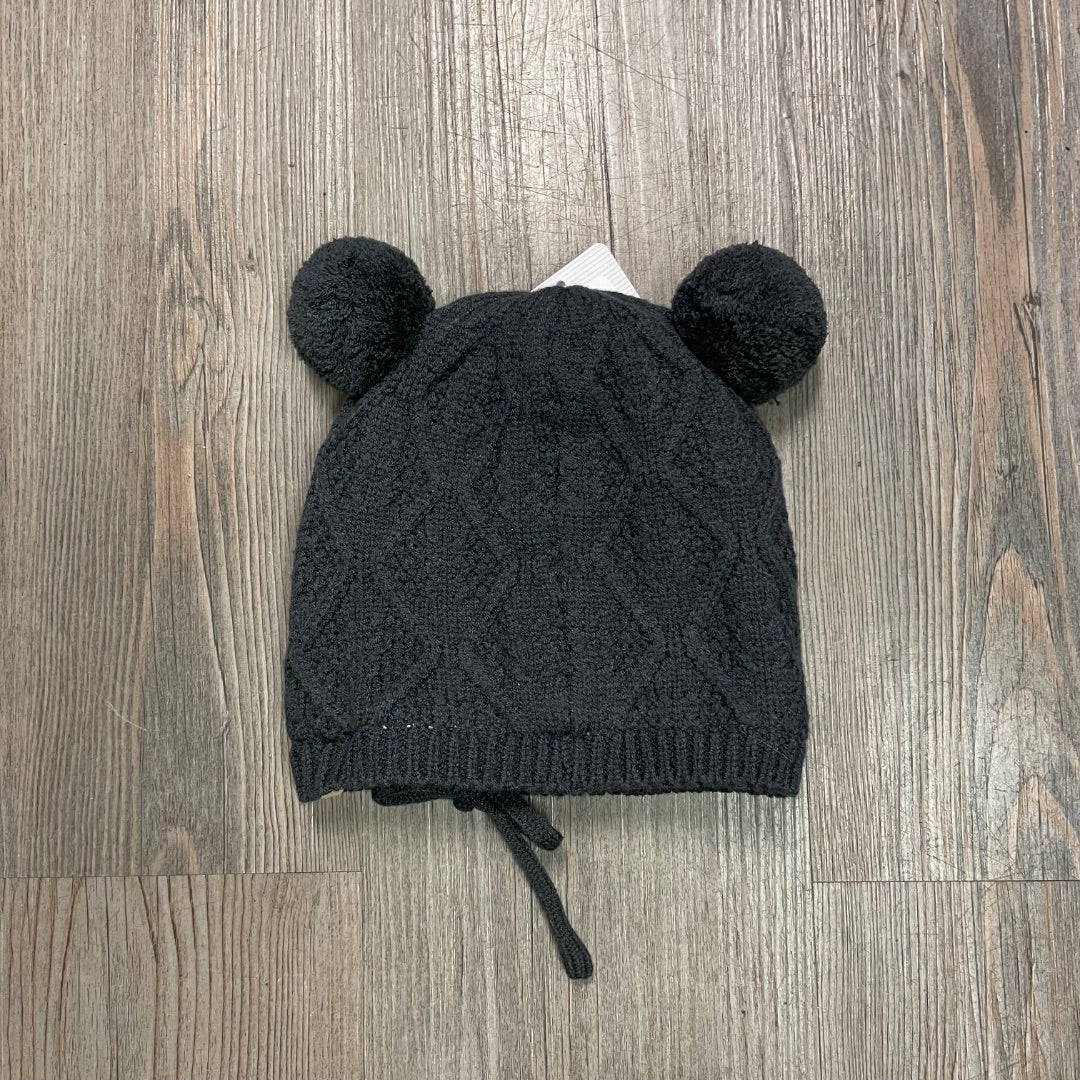 Black Ink CaliKids Fur Lined Knit Double Pom Hat with Tie, 9-18M