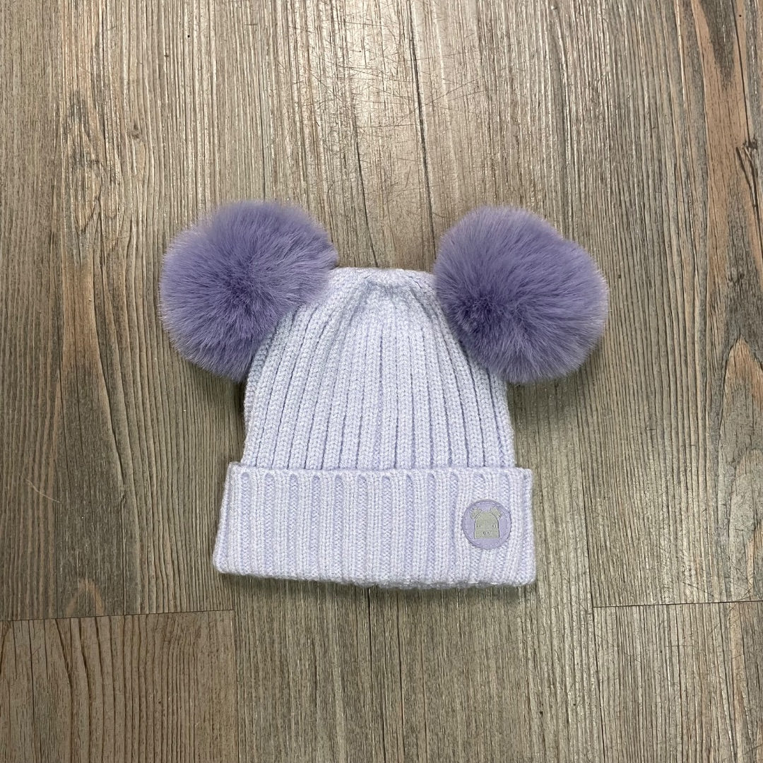 Lavender CaliKids Cashmere Touch Knit Double Pom Hat, 0-3M