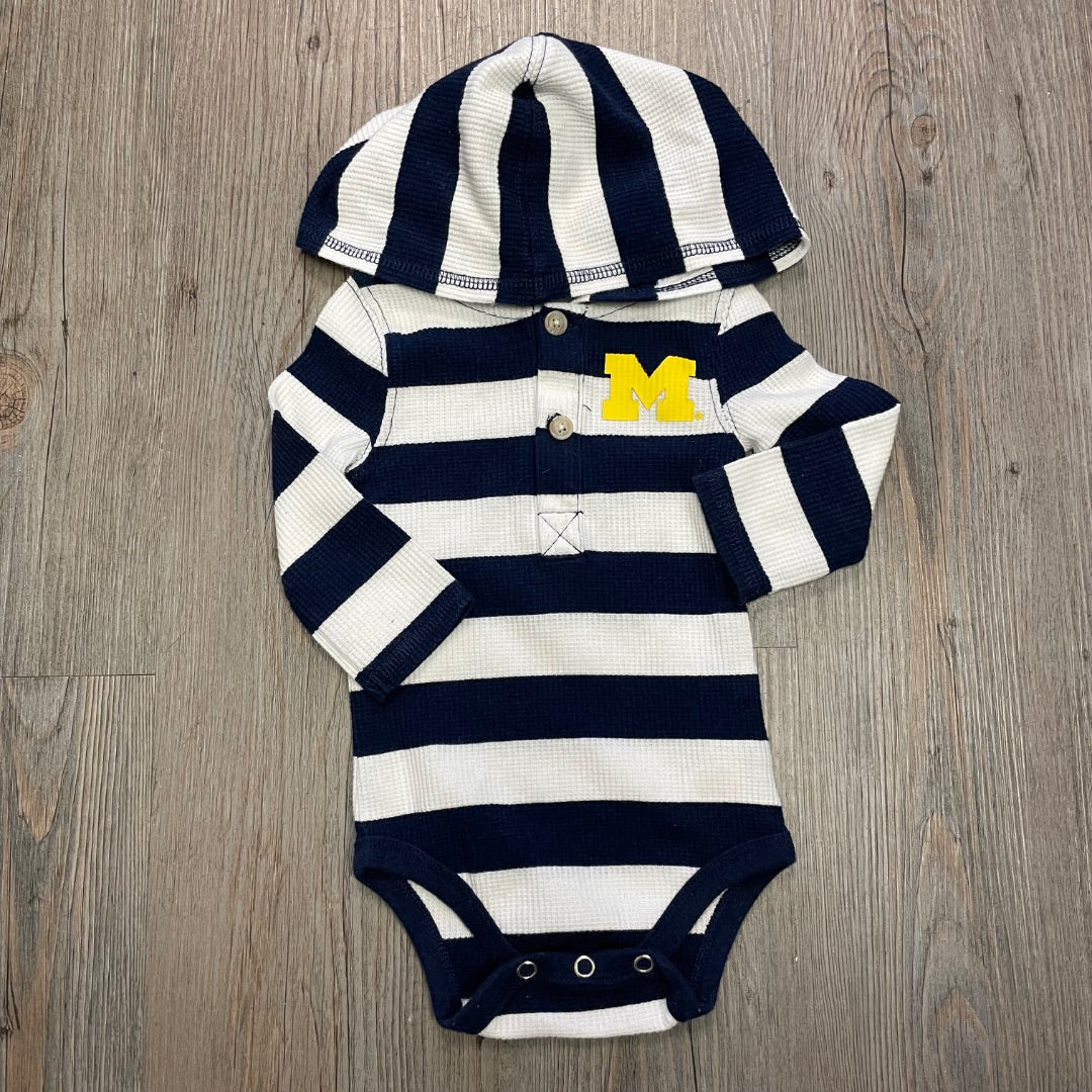 Navy White Striped Gen LS Hooded Onesie, 3-6M