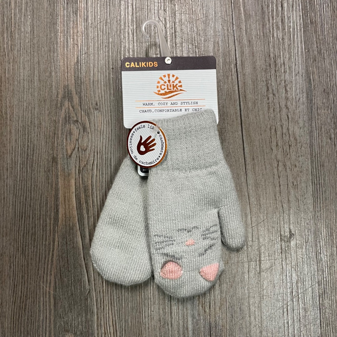 Blue CaliKids Fur Lined Cat Knit Mitts, 2-5Y