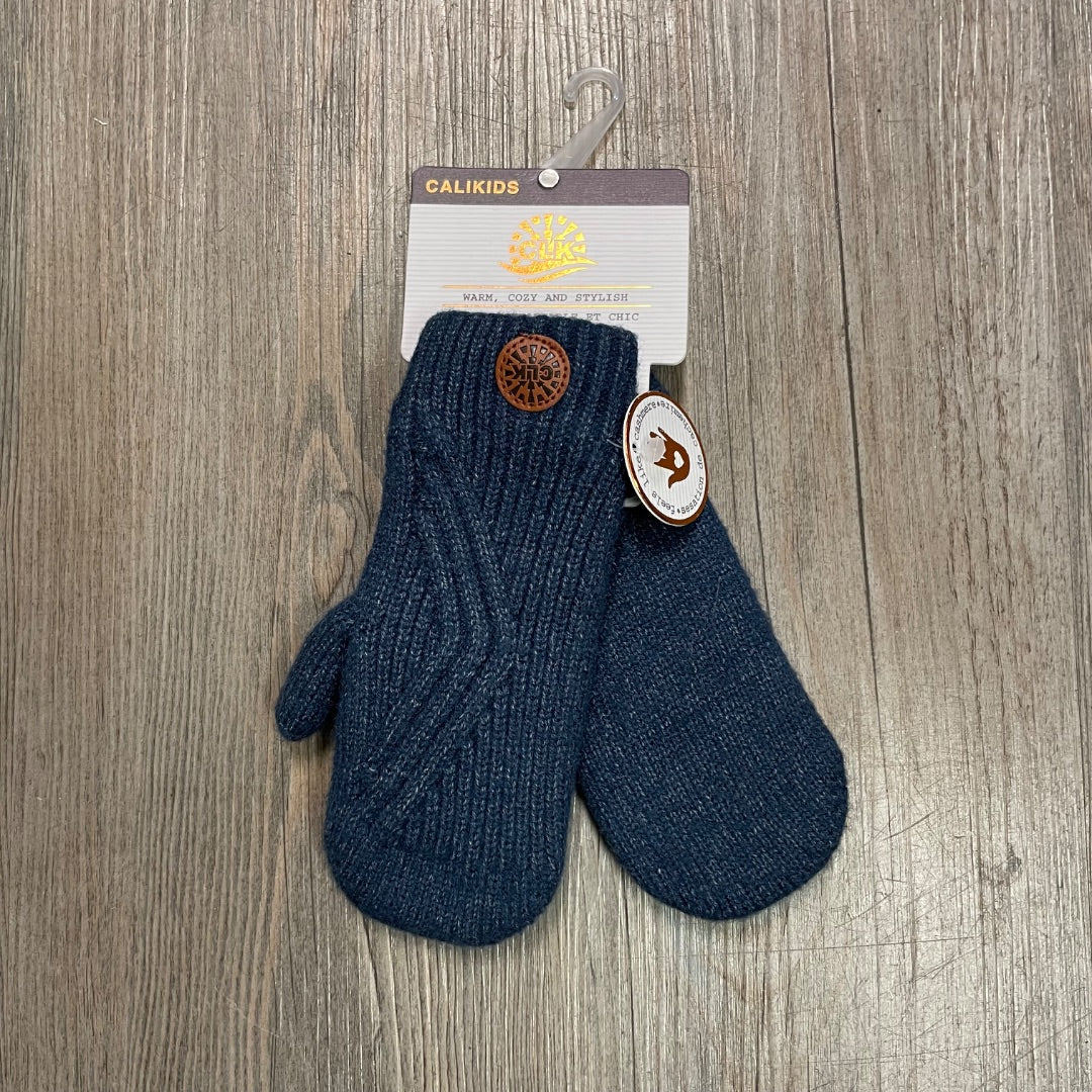 Blue CaliKids Fur Lined Knit Mitts, 2-5Y
