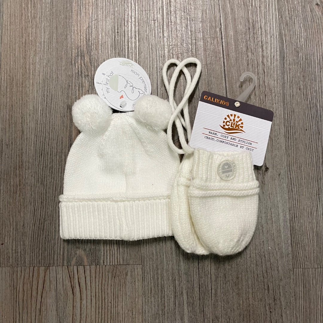 Cream CaliKids 2PC Set Knit Hat &Knit Mitts With String, Newborn