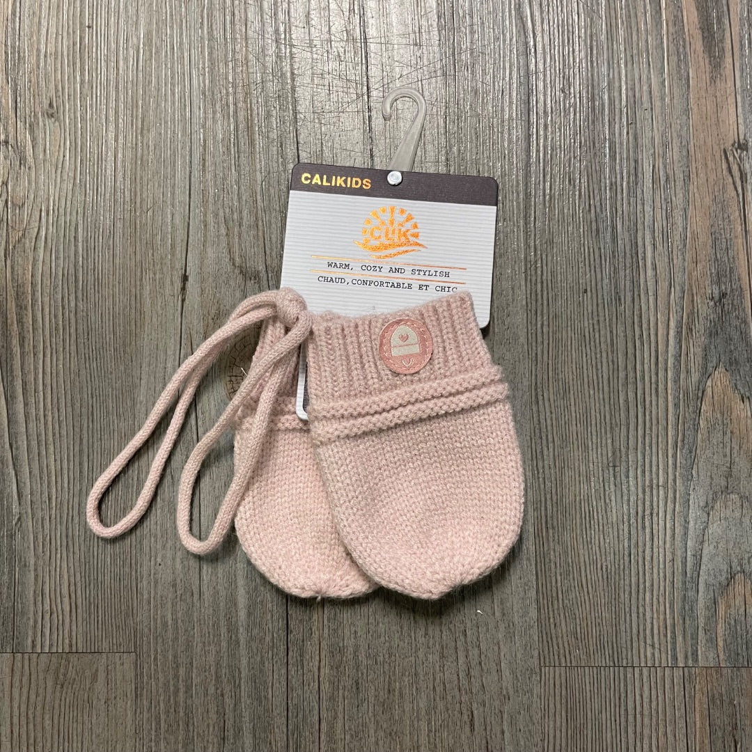 Rose CaliKids Knit Mitts With String, 1-6M