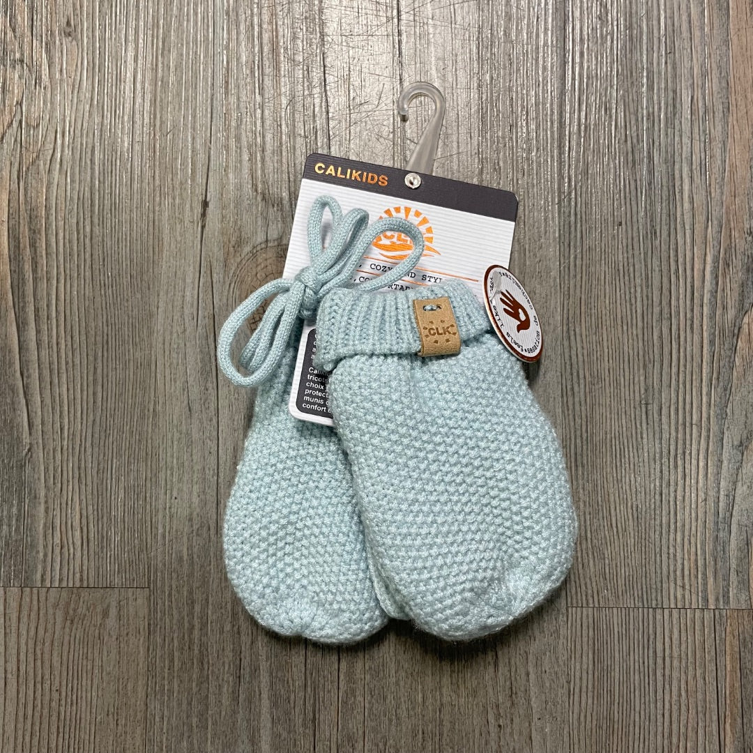 Sterling Blue CaliKids Fur lined Knit Mitts With String, 9-18M