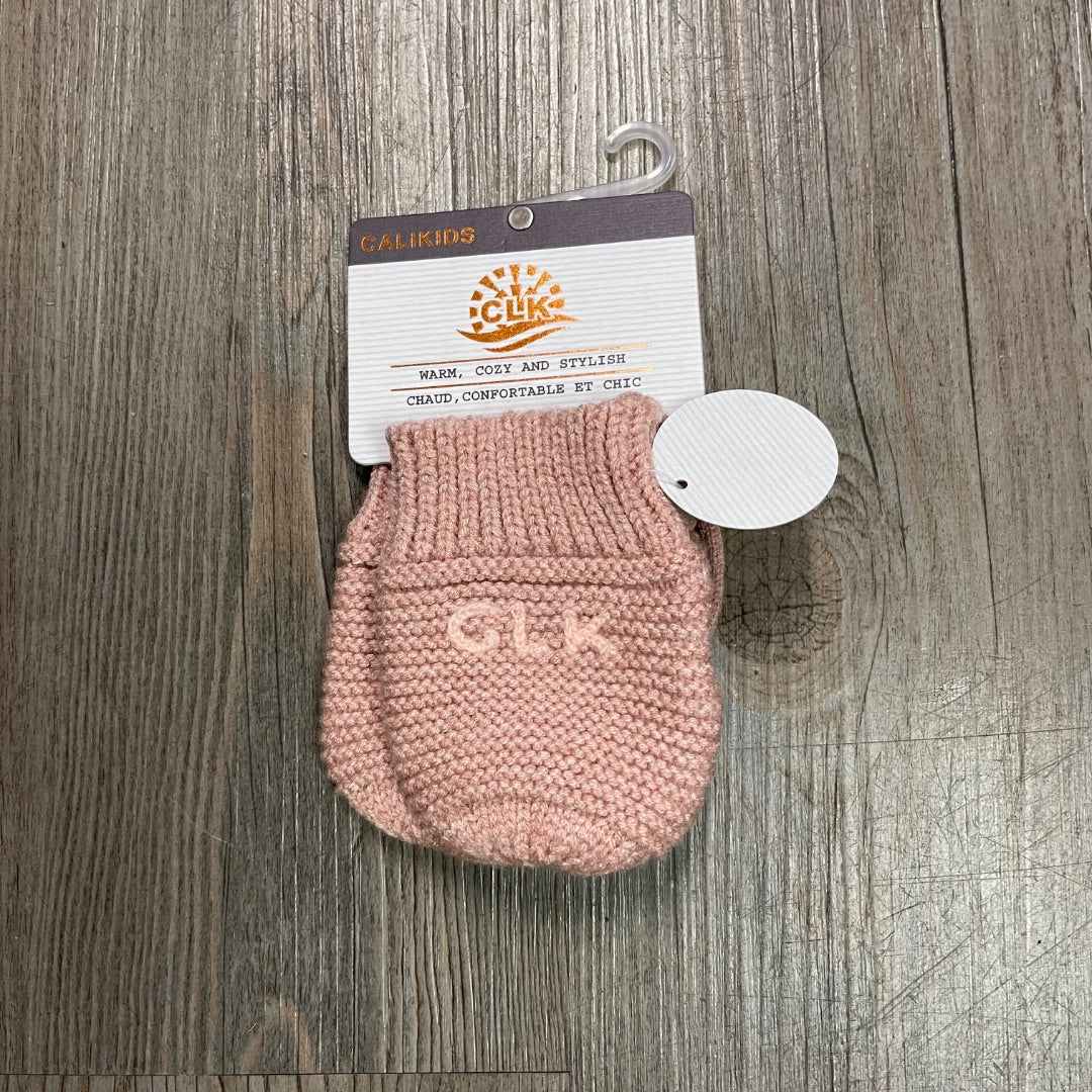 Pink CaliKids Knit Mitts With String, 1-6M