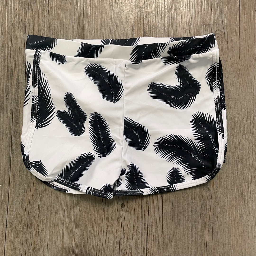 Black Feather Print Girls Swimming Shorts, 8-9Y