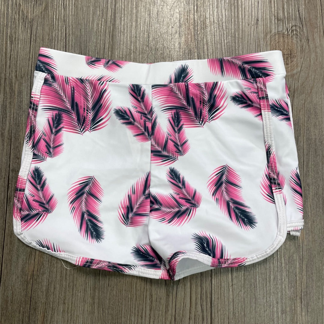 Pink Feather Print Girls Swimming Shorts, 8-9Y