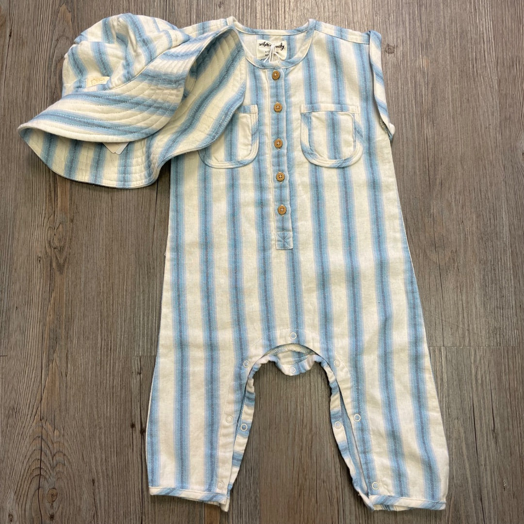 Deep Blue Stripe Wilson & Frenchy Organic Growsuit + Hat, 6-12M