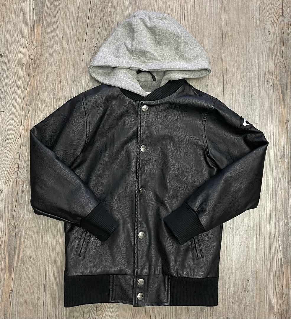 Black Appaman Pleather Zip Hooded Jacket, 7Y
