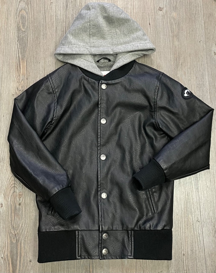 Black Appaman Pleather Zip Hooded Jacket, 8Y