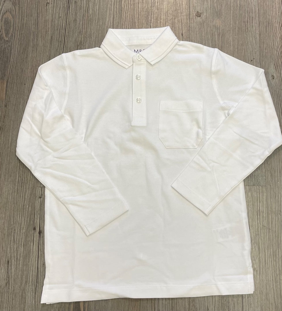 White M&S Polo Long Sleeves, 7-8Y