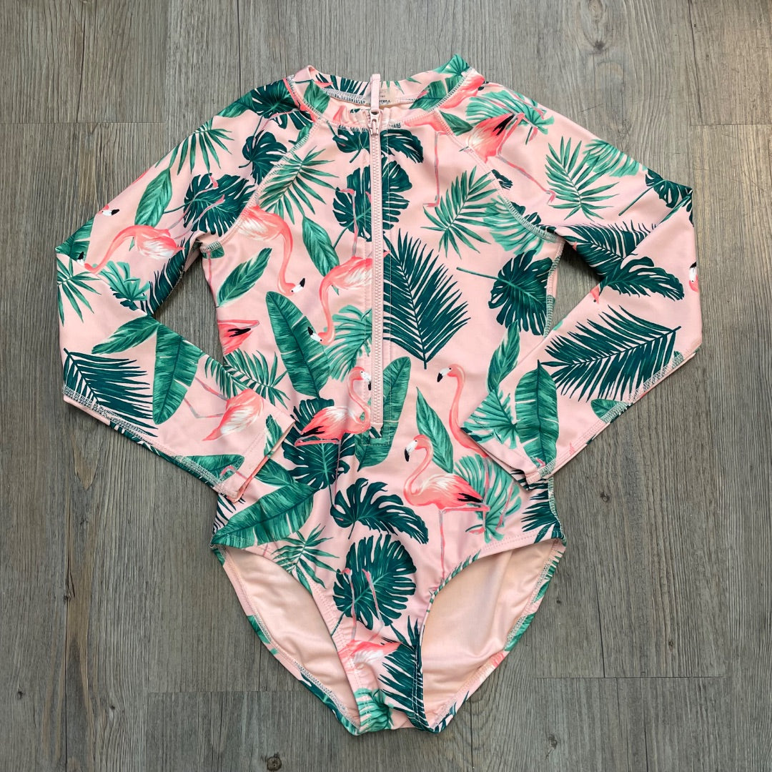 Flamingo Print Old Navy Onepiece Bathing Suit LS, 8Y