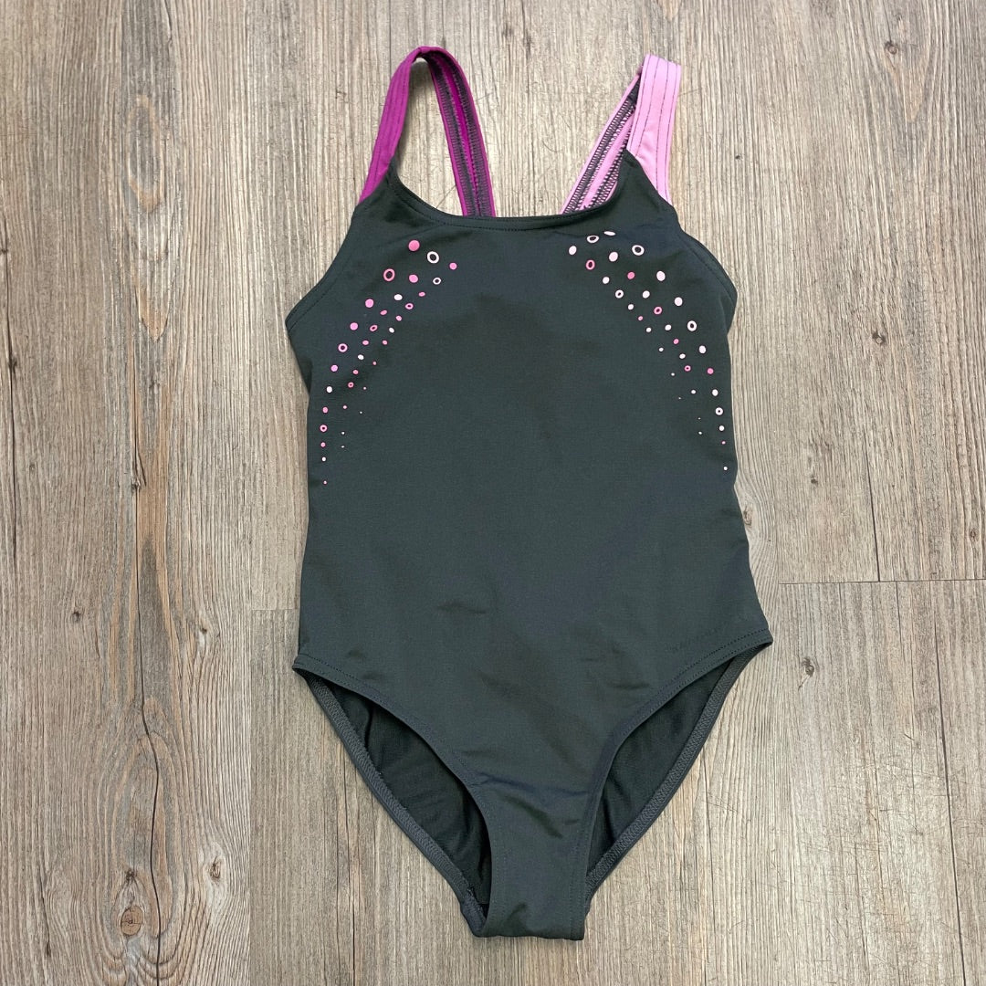 Charcoal Grey Go Sport Onepiece Bathing Suit, 8Y