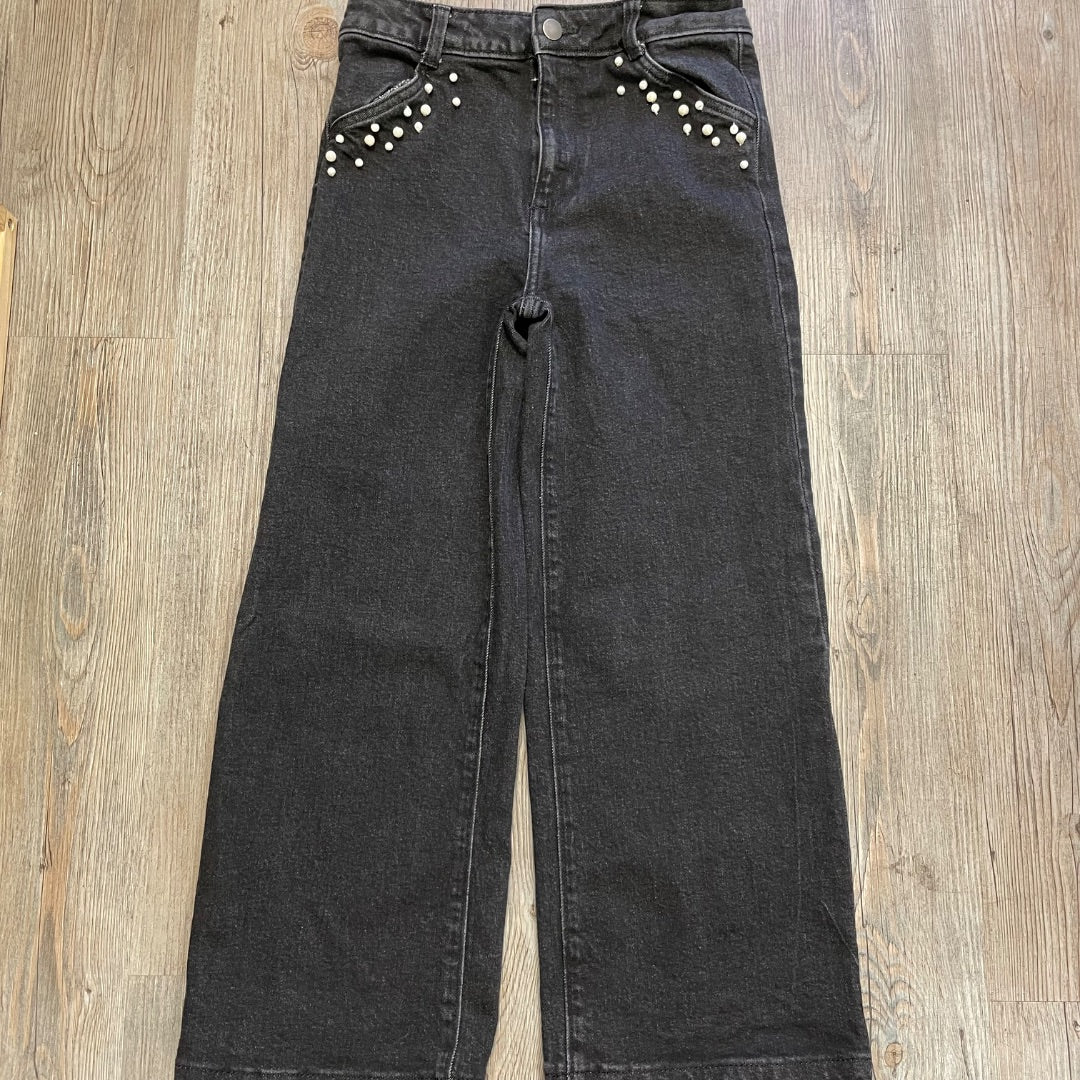 Black Nordstrom Wide Leg Jeans With Beaded Pearl, 12Y