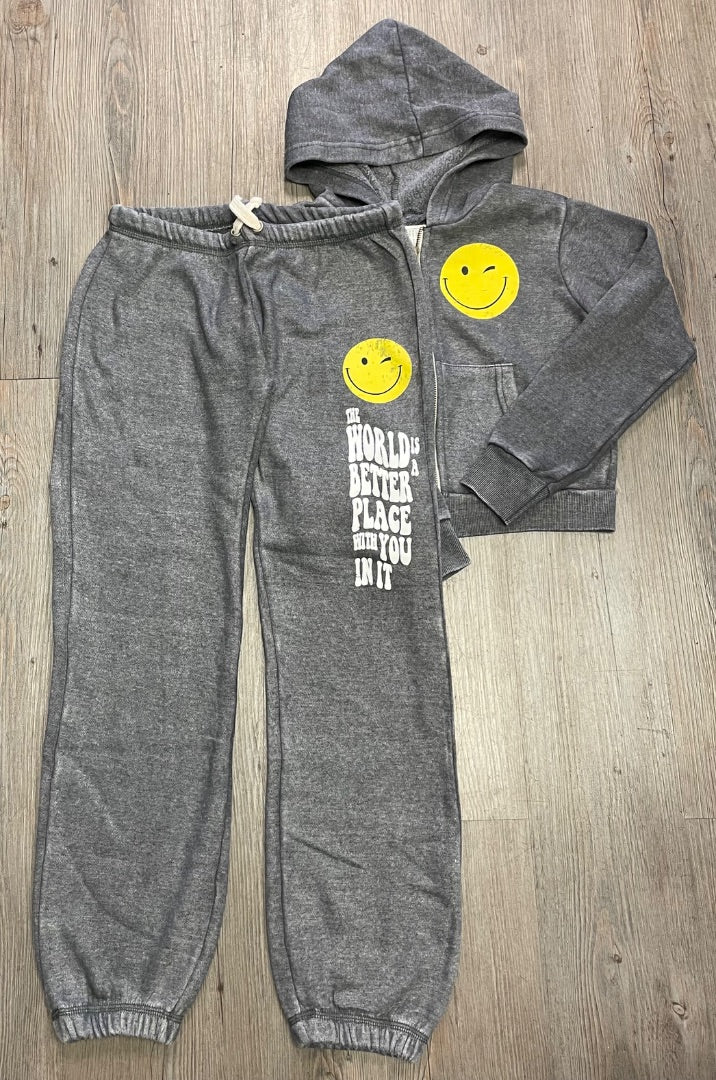 Grey Vintage Havana 2 Pcs Zip Up Hoodie & Sweatpants Set, 10-12Y
