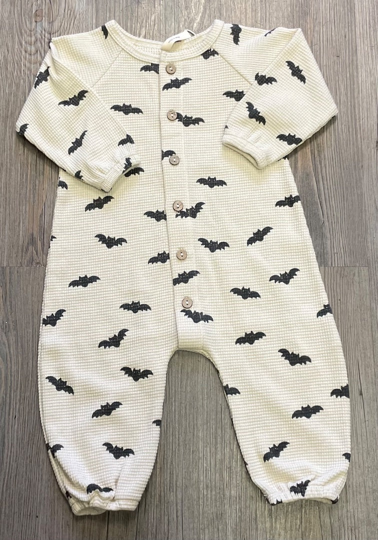Beige Quincy Mae Waffle LS Jumpsuit Bats, 3-6M