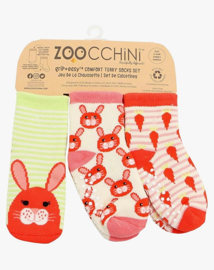 Red Rabbits Zoocchini 3 Pair Grip + Easy Terry Sock Set, 0-2Y
