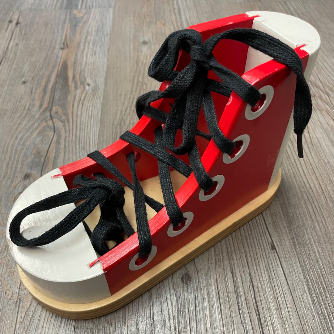 Red Melissa and Doug Wooden Lacing Shoe, Wooden