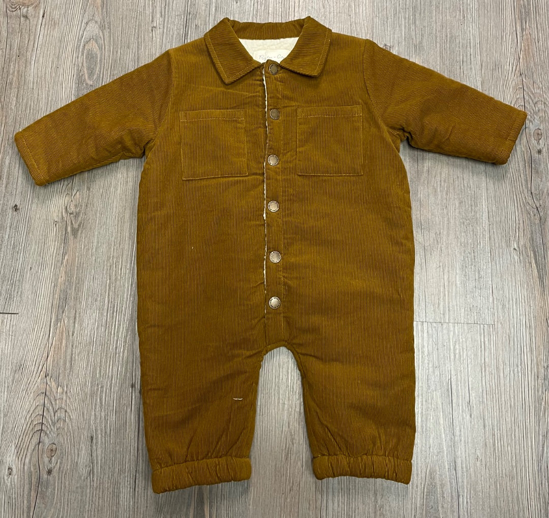 Brown Rylee+ Cru Sherpa lined Corduroy Onesie, 6-12M