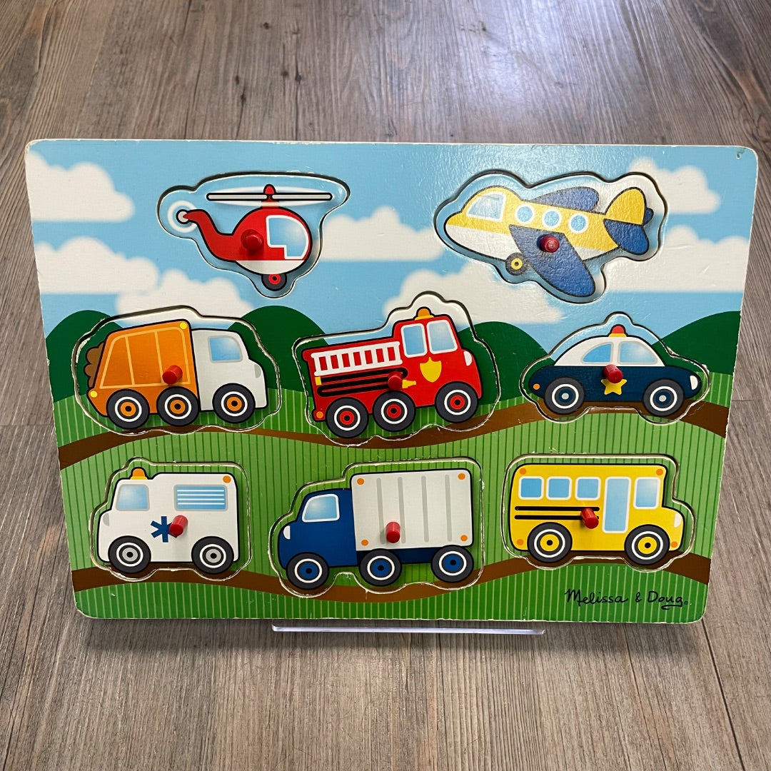 Multi Colour M&D Wooden Peg Puzzle Vehicles, Pre-owned
