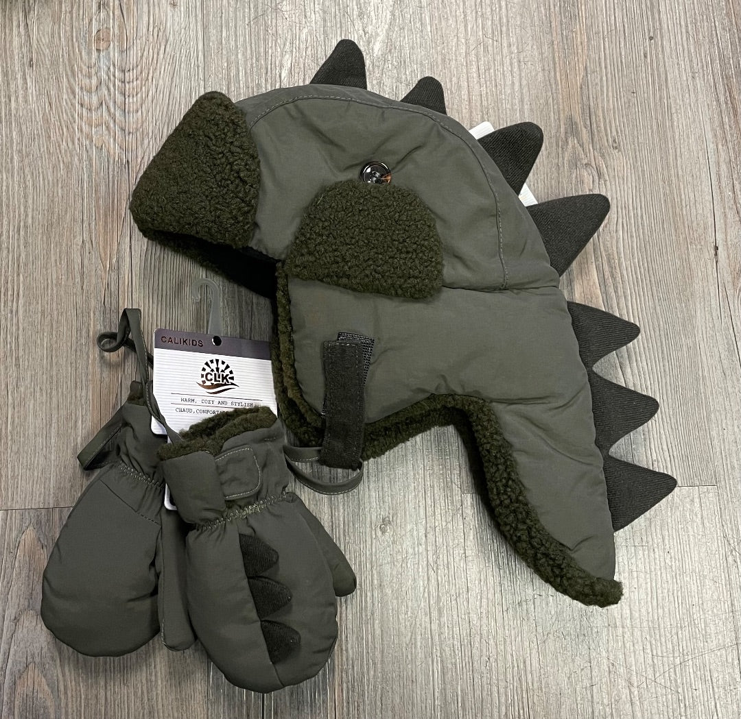 Green CaliKids Water Repellent Fleece Lined Dinosaur Hat/Mitten Set, 18M-3Y