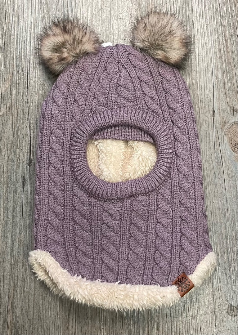 Lilac CaliKids Knit Balaclava with Fur Poms , 9-24M
