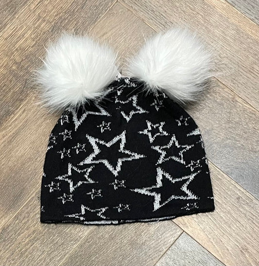 Black/wh  Jocelyn Pom Pom Knit Hat, One Size