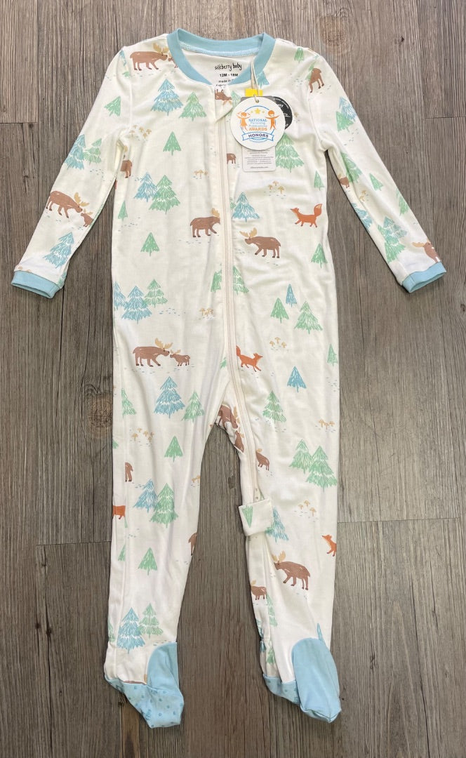 White & Blue Silkberry Baby Bamboo Moose Footed Sleeper, 12-18M