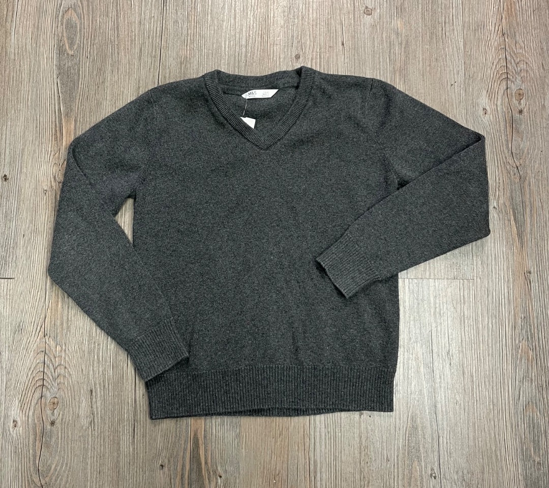 Grey M&S V Neck LS Sweater, 7-8Y