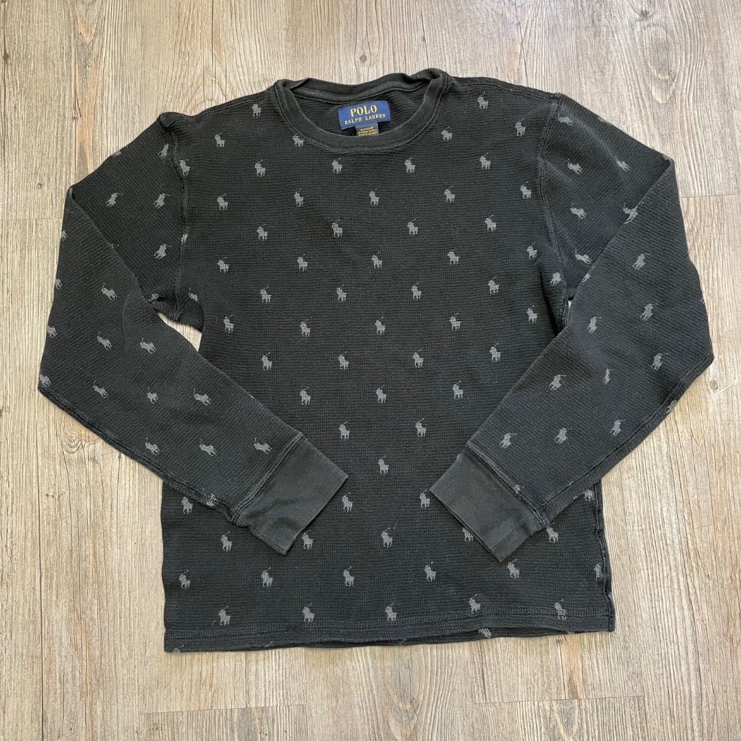 Black Polo LS Waffle Top, Small