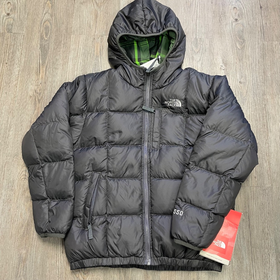 Grey Green North Face NEW Reversible Hooded  Downfill Winter Jacket, 10-12Y