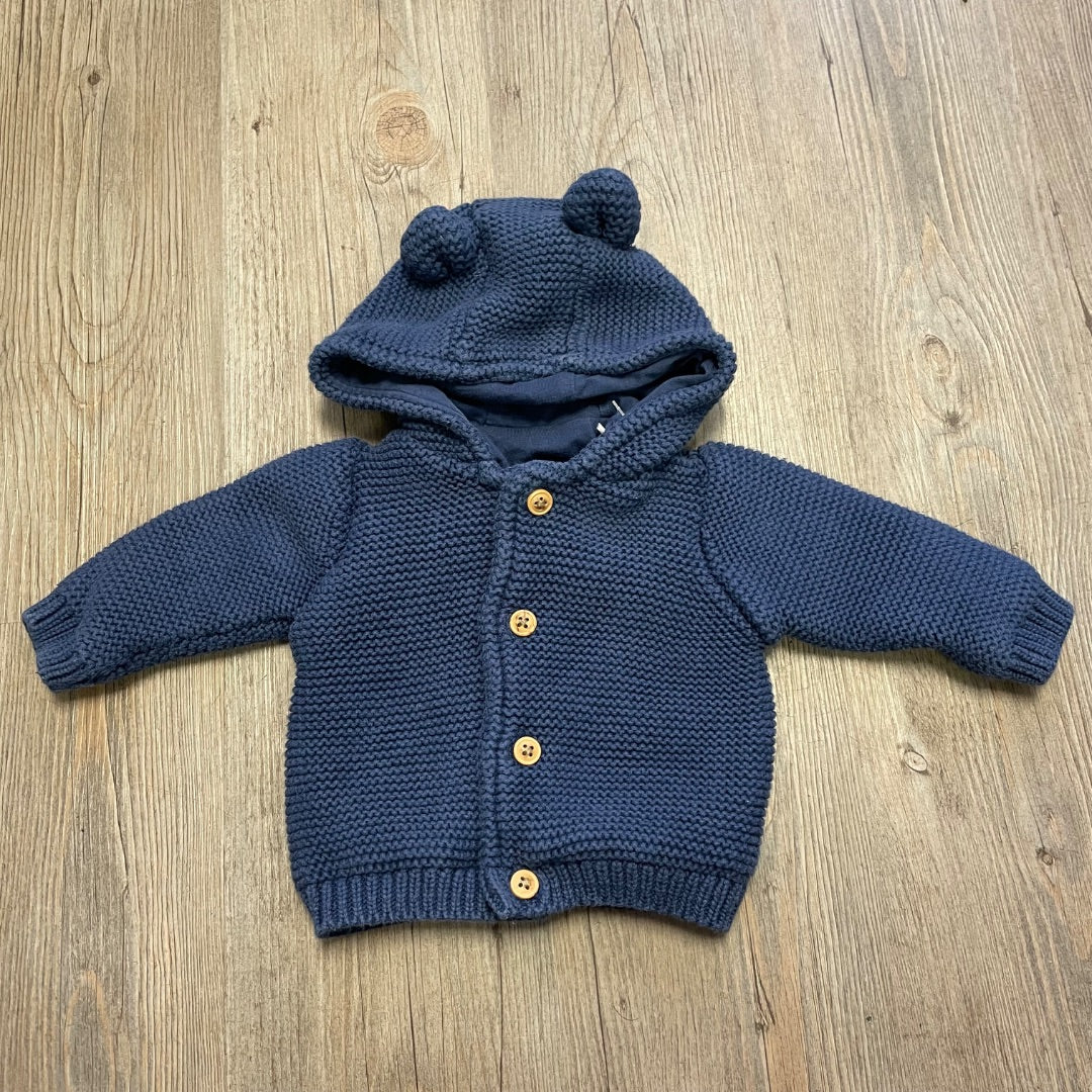 Navy M&S Hooded Knit Cardigan, 0-3M