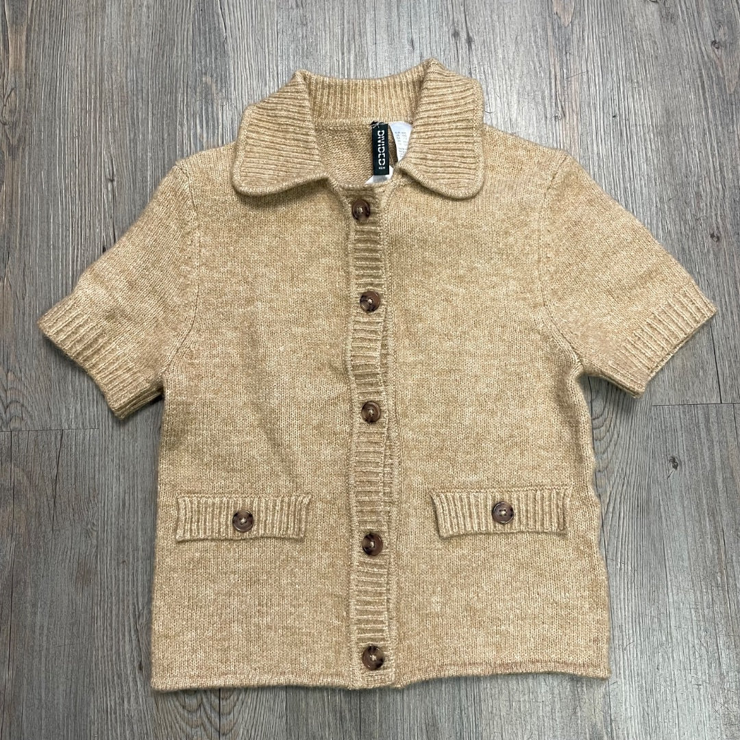 Brown Divided Knit Short Sleeve Button Down Top, XXS