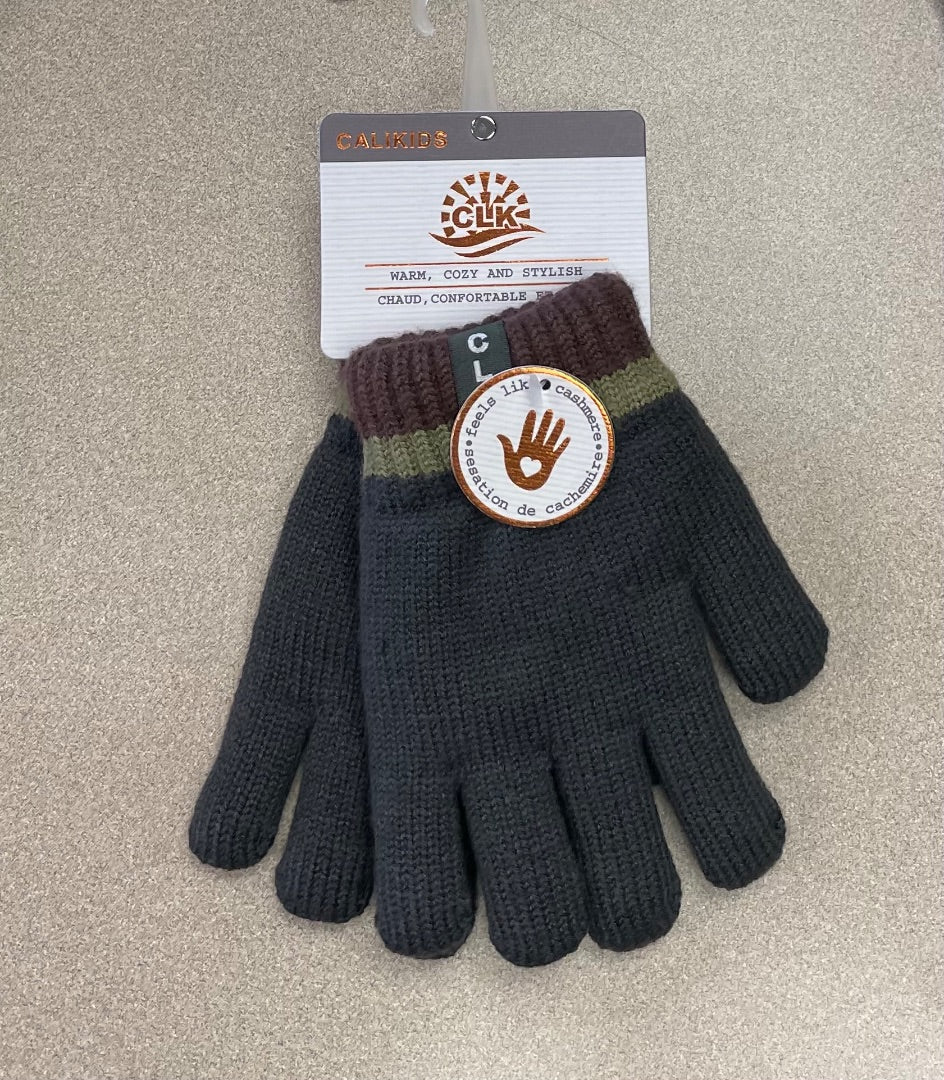 Charcoal Brown Trim CaliKids Soft Lined Knit Gloves, 2-5Y