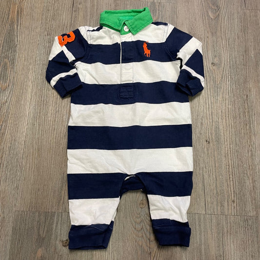 Navy Striped Polo Ralph Lauren Long Sleeve Onesie, 3M