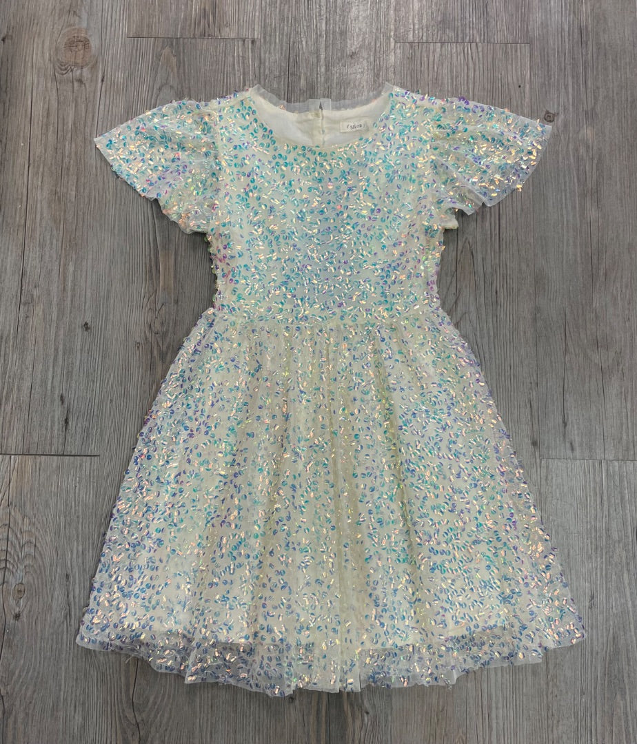 Ivory Iridescent Sfera Sequins Dress, 5-6Y