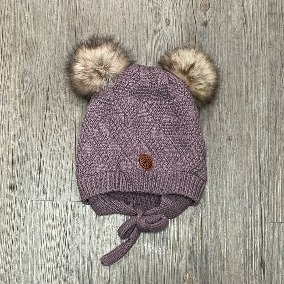 Dark Lilac CaliKids Fur Lined Knit Double Pom Hat with Tie, 9-18M