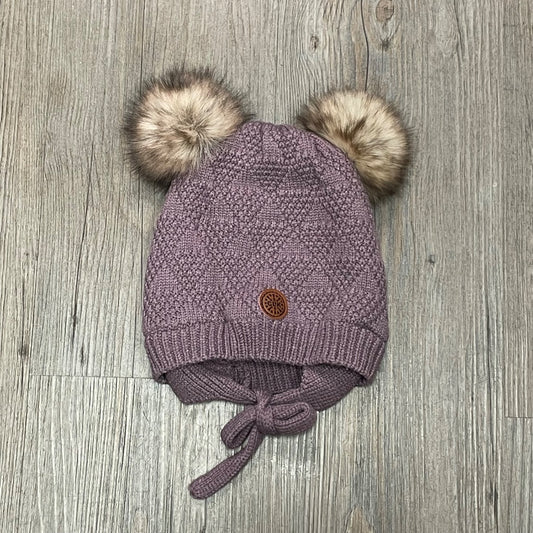 Dark Lilac CaliKids Fur Lined Knit Double Pom Hat with Tie, 9-18M