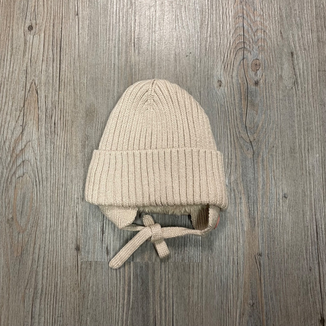 Beige CaliKids Fur Lined Knit Pom Hat with Tie, 3-9M