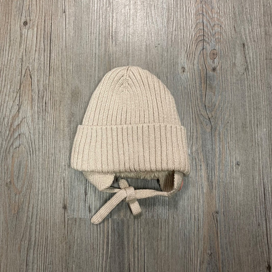 Beige CaliKids Fur Lined Knit Pom Hat with Tie, 3-9M